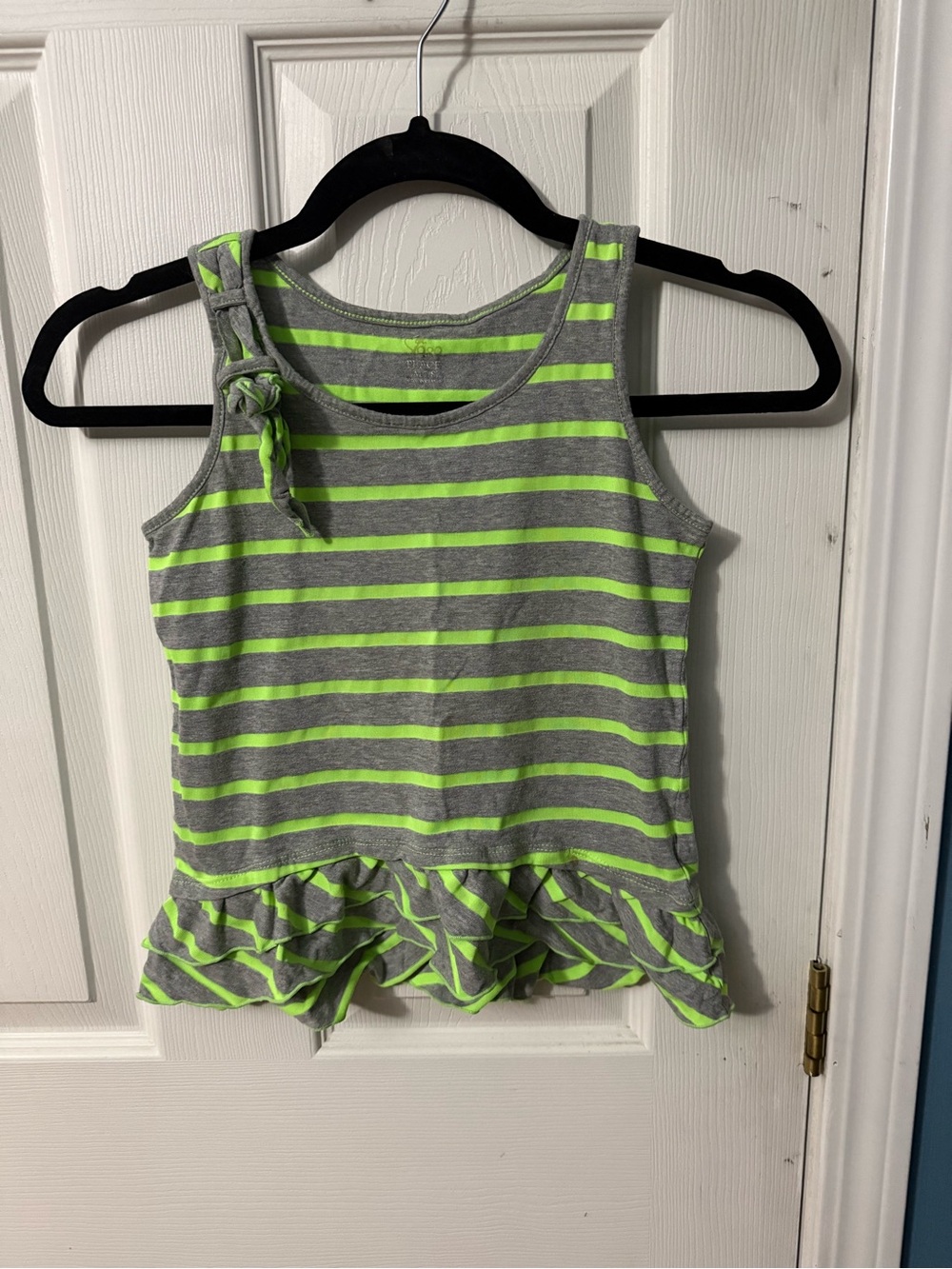 1989 Place Gray & Neon Green Striped Ruffle Tank Top